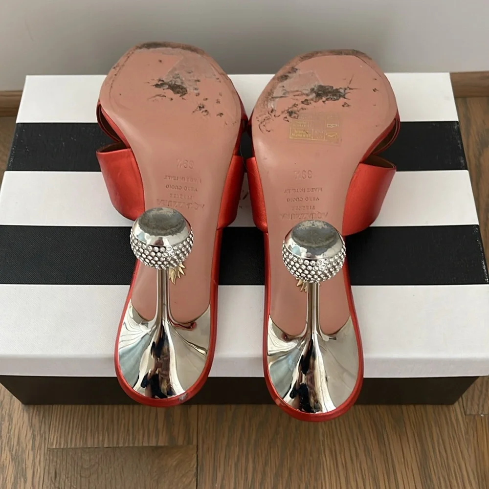 Aquazzura Red-Orange Satin Crystal Ball Heel Slide Sandals size 9.5 - Picture 6 of 7